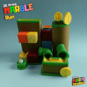 Compact Super Mario-themed marble run with pipes, coins, and blocks. Optimized for 4-color printing.
