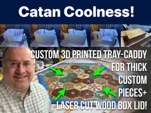 Catan printed caddy for thick custom game pieces (1/4" / 6.35mm) + large wooden box list made of laser cut plywood, v1.0