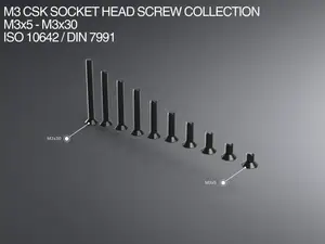 M3 CSK Socket Head Screw Collection M3x6-M3x30 ISO 10642 / DIN 7991