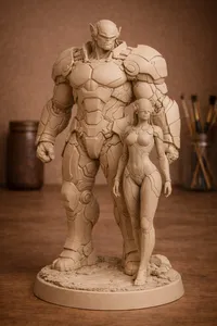 Sci-Fi Armored Titan and Female Android Statue