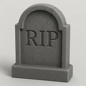 A Halloween tombstone with a rounded top, engraved 'RIP' letters, and a slightly cracked stone texture