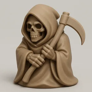A stylized Grim Reaper figure wearing a hooded cloak, holding a short scythe close to the body.