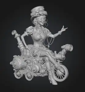 Steampunk Belle on a Brass Steam Bike