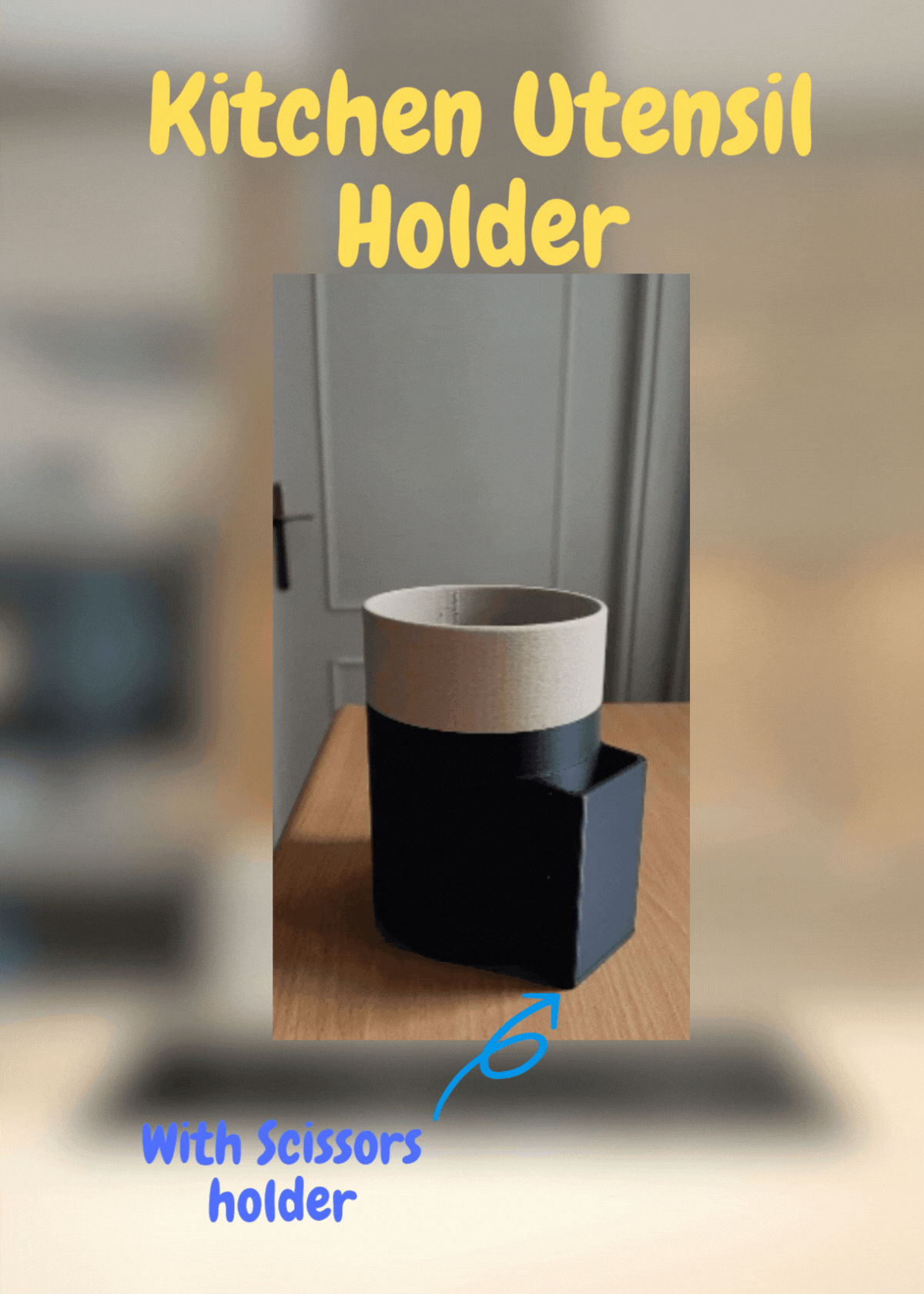 Kitchen Utensils Holder with Side Pocket - Wood Look