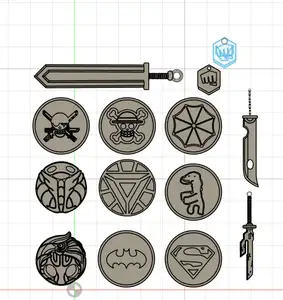 bunch of fridge magnets and 3 swords key chains