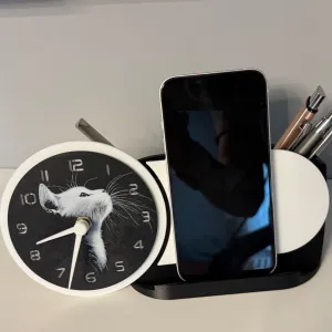 desk clock, with phone holder & pencil box White Cat