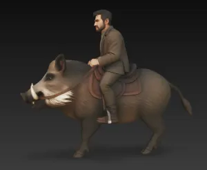 Accountant on his way to work, riding a pig