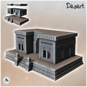 Flat-roofed desert public building on platform with access s
