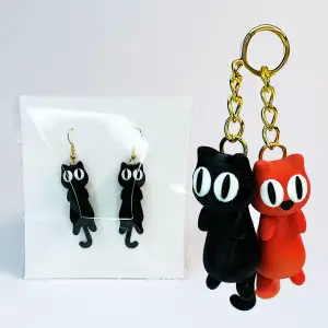 Cute Flexi Cat w tail Keychain, Earring & Magnets