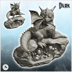 Baby winged dragon sitting on rock and mushrooms - figure