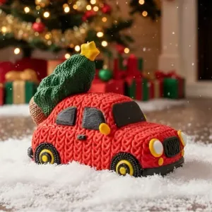 knitted Red car hauling a tree (cute)