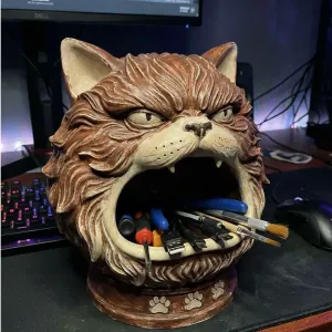 Angry Cat Tool Holder | Grumpy Feline Desk Organizer | Funny