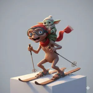 E.T. and Grogu skiing