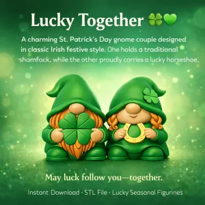 Gnome Couple Irish Lucky Pair with Shamrock & Horseshoe