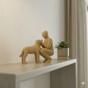 Minimalist Man Kneeling with Dog Sculpture