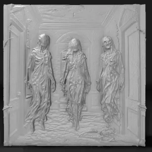 transparent apparitions hovering in abandoned Victorian hall