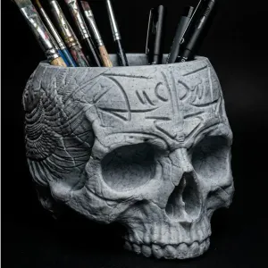Ancient Skull Brush & Pen Holder | Gothic Desk Organizer