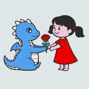 Little dragon giving a rose to a girl