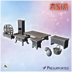 Asian interior furniture set with tables, shelves and basket