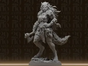 #143 Fierce Wolf Woman Warrior Statue - Fantasy Werewolf Bar