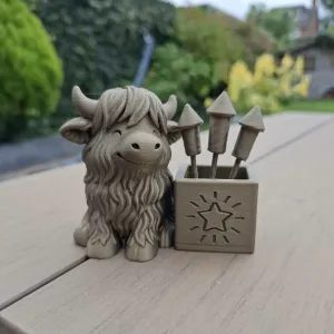Highland Cow with Fireworks Box