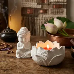 Zen Set: Lotus Flower Candle Holder & Small Buddha Statue