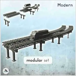 Set of elevated train tracks with modern diesel locomotive (