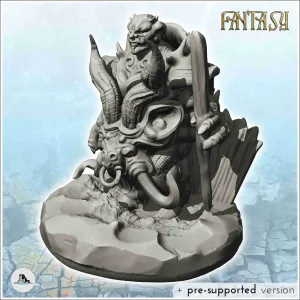 Evil creature with large belly armor with horns and wooden s