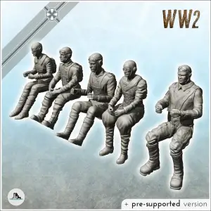 Set of five German aircraft pilots with equipment in cockpit
