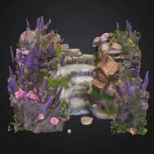 Small Village waterfalls and rive lavender rose garden