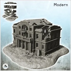 Destroyed public building with tin roof and double balconies