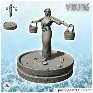 Medieval woman with double bucket at the end of a branch