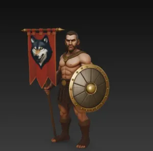 warrior with wolf head banner and shield