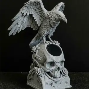 Gothic Raven Statue | Crow on Skull Decor | Dark Fantasy