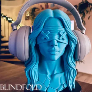 Blindfolded girl headphone or hat holder