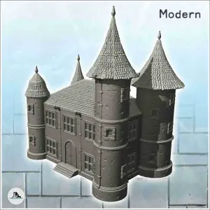 Large modern castle with double towers and entrance stairs (