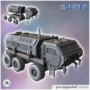 Futuristic six-wheeled all-terrain truck with front cabin an