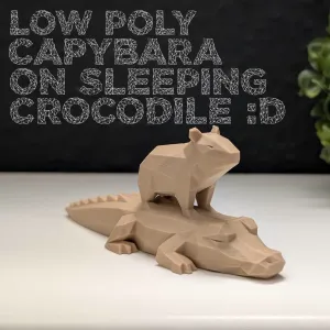 Low Poly Capybara on Sleeping Crocodile