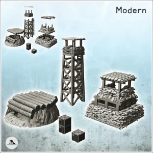 Set of fortifications for modern military base with watchtow