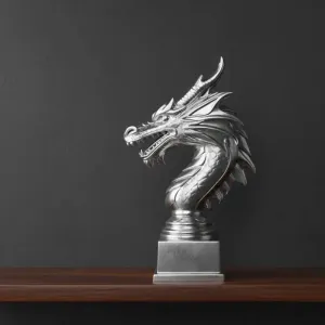 dragon head trophy on a pedestal