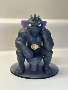 Pokemon Machoke sitting on toilet