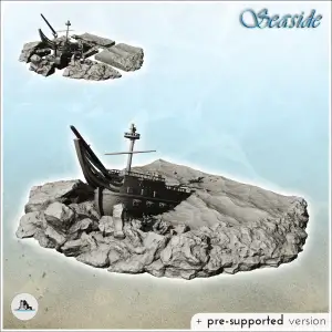Carcass of ship stranded on the coast - boat miniatures scen