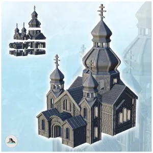 Orthodox brick cathedral with bell tower and double towers