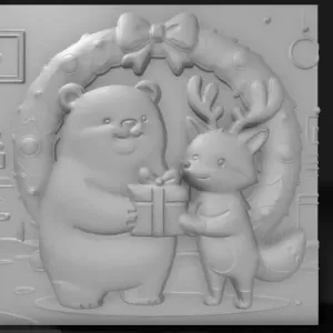 polar bear, reindeer, fox exchanging gifts under a wreath