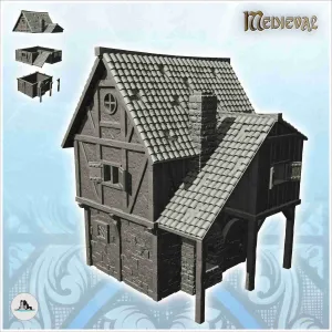 Large medieval stone house with tile roof and window canopy