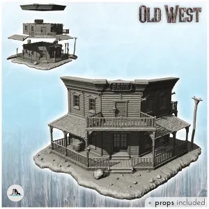 Western bank building in corner with balcony - Terrain