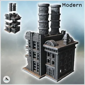 Destroyed modern factory with double chimneys and two storey