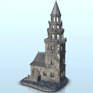 Ruined bell tower with house 13 - WW2 Terrain scenery