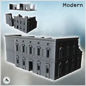 Baroque palace with pediments, flat roof and ruined section