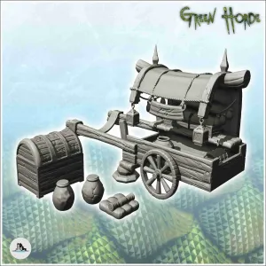 Set of medieval accessories with wooden caravan and chest (6